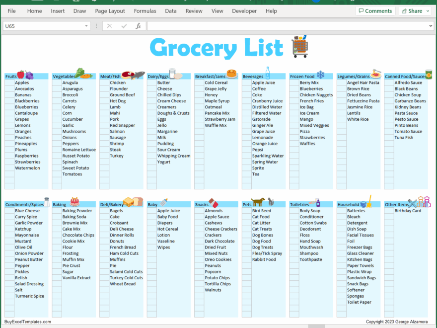 Grocery List Spreadsheet Printable Editable Food Shopping Planner BuyExcelTemplates