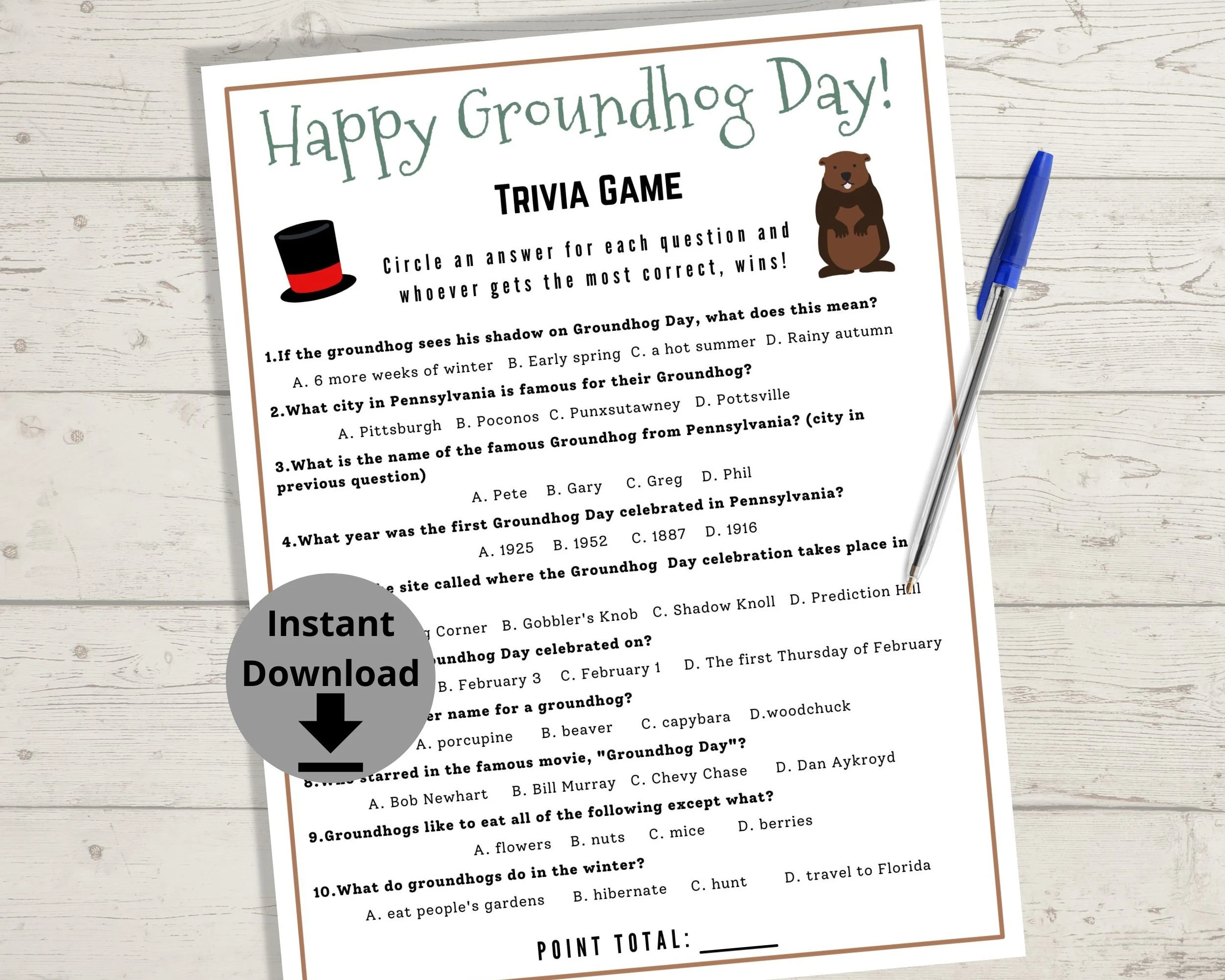 Groundhog Day Quiz Printable