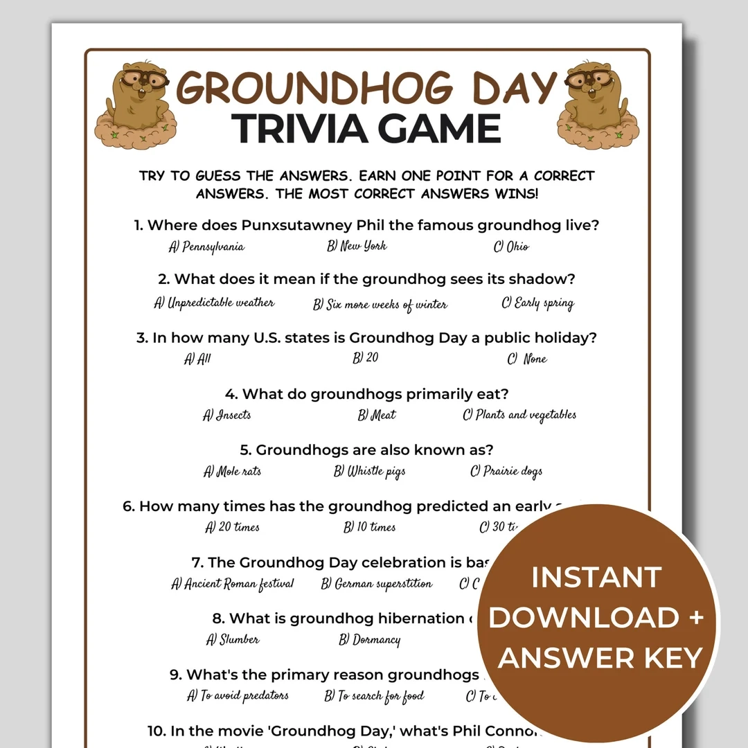Groundhog Day Trivia Game Printable Groundhog Day Activity Fun Groundhog Day Game For Kids And Adults Etsy