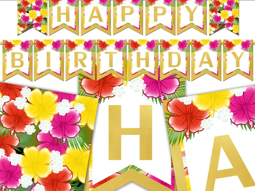 Happy Birthday Banner Printable Hawaiian Luau Party Decorations Floral Hibiscus Flowers Tropical Photo Props Bunting Instant Download DP1006 Etsy Hong Kong