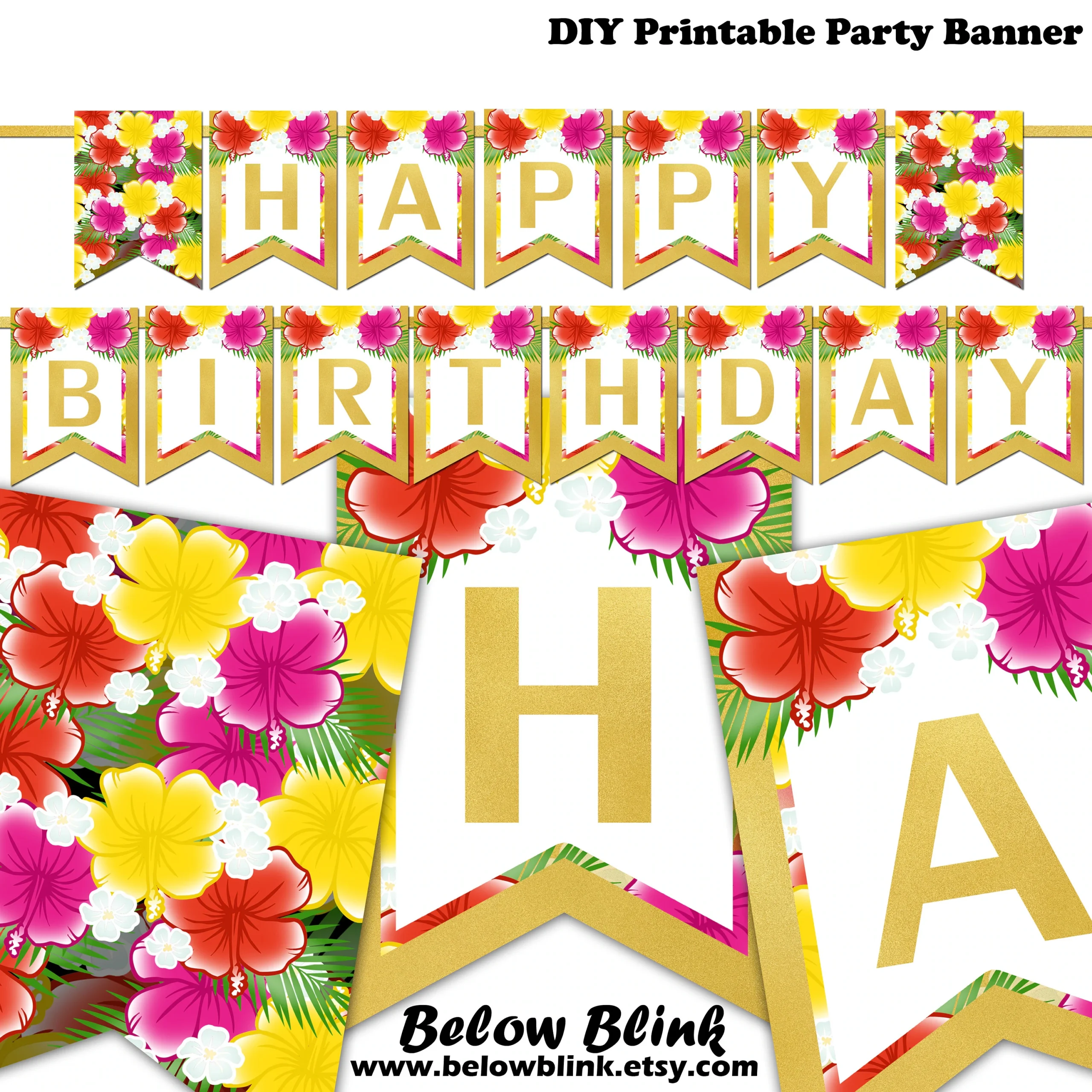 Happy Birthday Banner Printable Hawaiian Luau Party Decorations Floral Hibiscus Flowers Tropical Photo Props Bunting Instant Download DP1006 Etsy Hong Kong