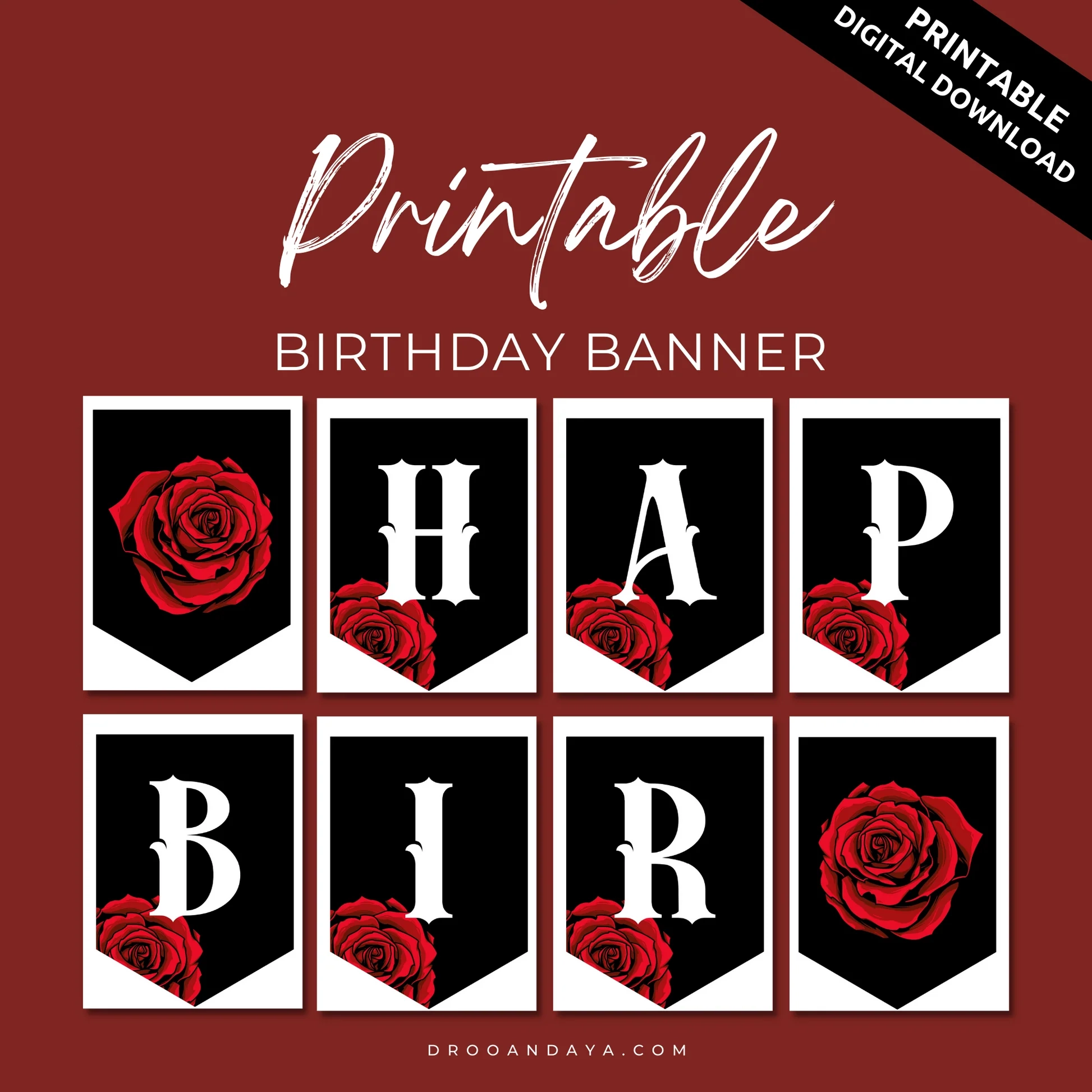 Happy Birthday Banner Printable PDF Red Rose Droo Aya