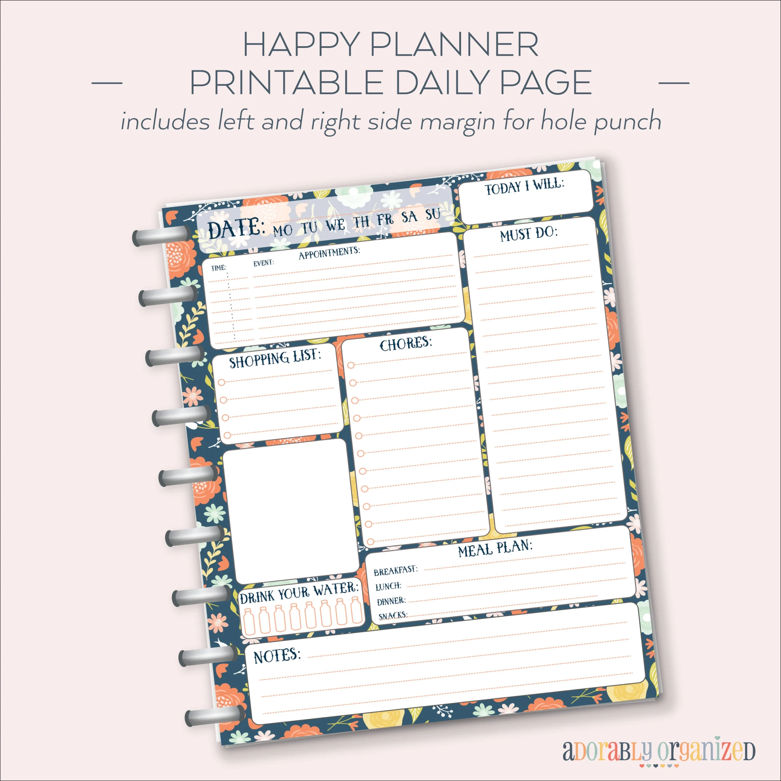 HAPPY PLANNER PRINTABLE Daily Planner Refills Inserts 7 X 9 25 Navy Blooms Create 365 Me My Big Ideas Mambi Daily dashboard Etsy