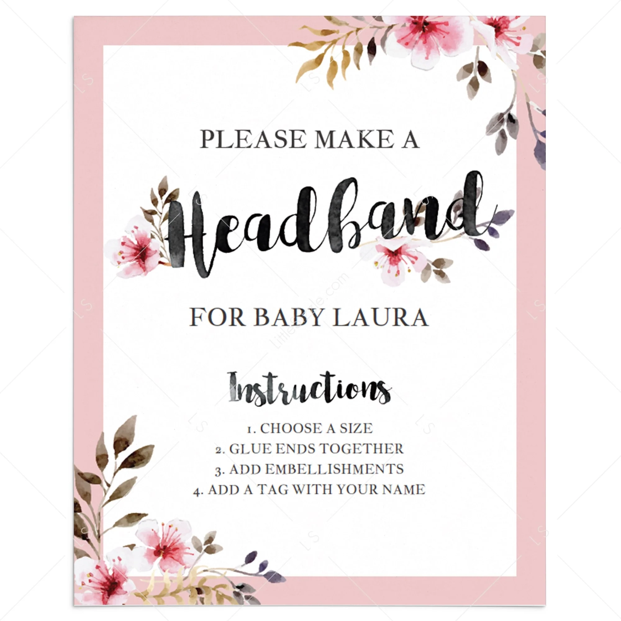 Headband Station Sign For Floral Baby Shower Printable Instant Download LittleSizzle
