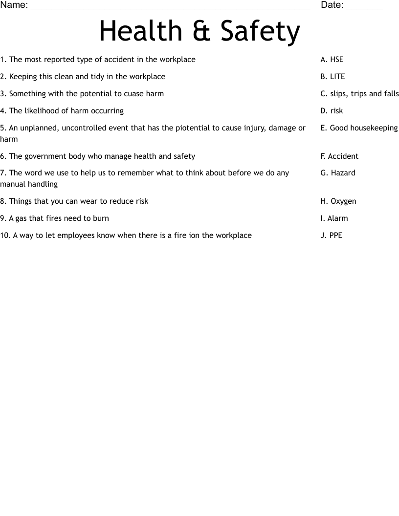 Health Safety Worksheet WordMint