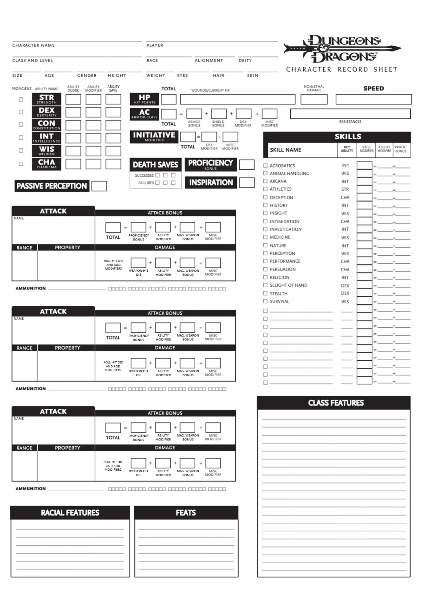 D&D 3.5 Spell List Sheet Printable