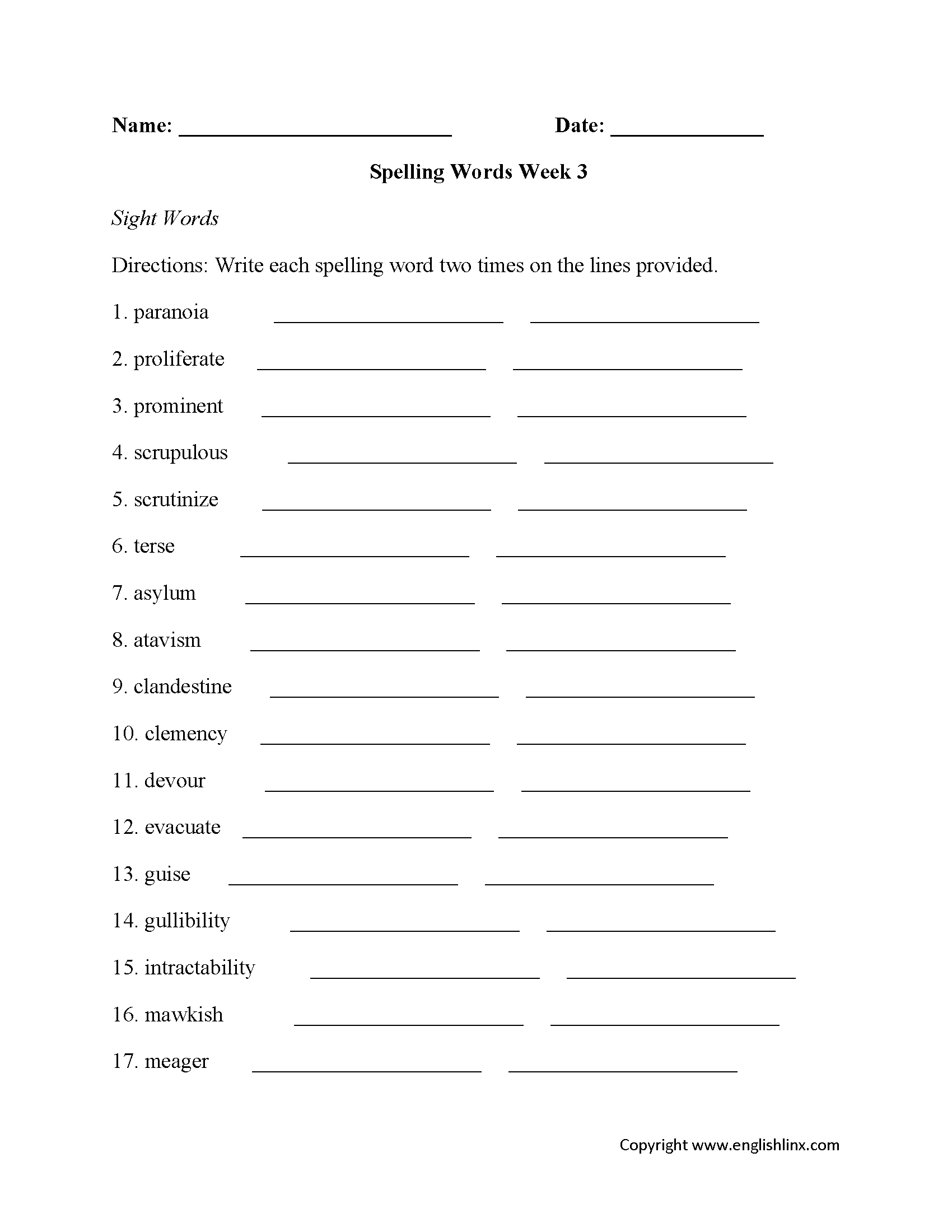 High School Spelling Worksheets Advanced Spelling Word Practice