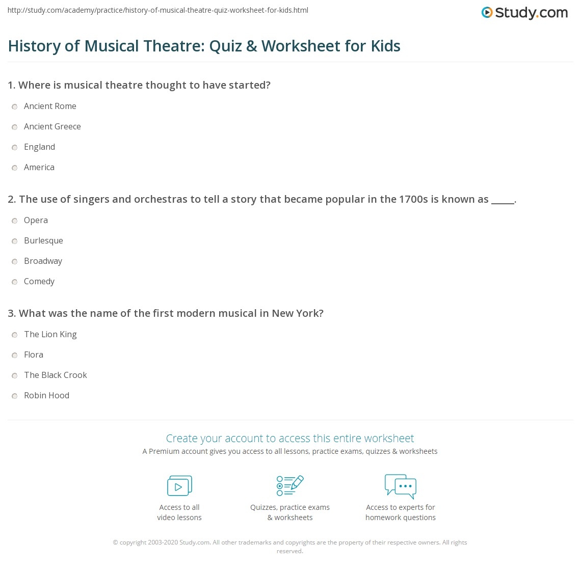 History Of Musical Theatre Quiz Worksheet For Kids Study