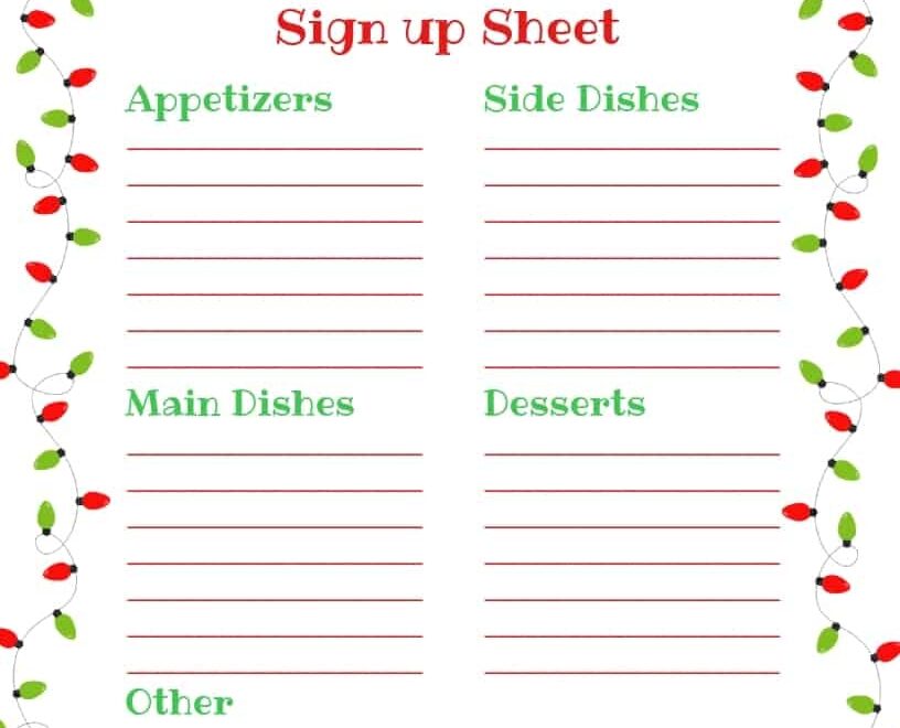 Holiday Potluck Sign Up Sheet