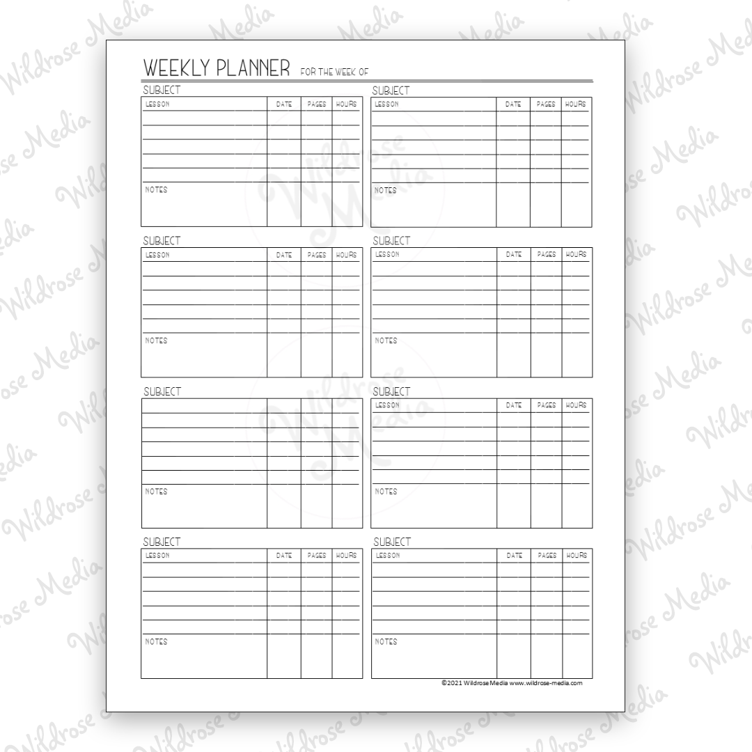 Homeschool Planner Weekly 8 Subjects Wildrose Media