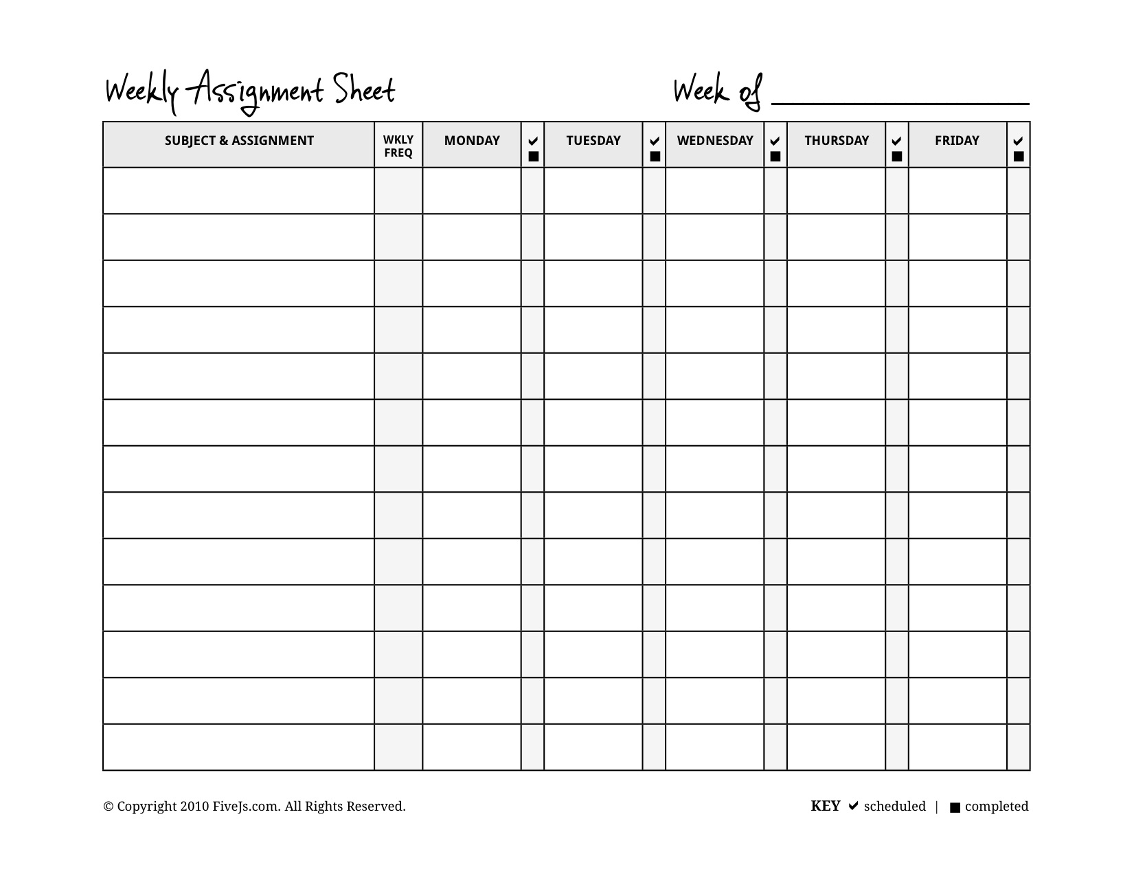 Printable Weekly Assignment Sheets For Students