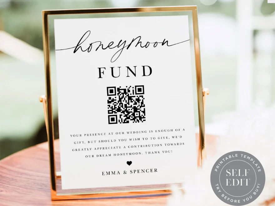 Honeymoon Fund Wedding Sign Template Minimalist Cash Gift digital Download Etsy