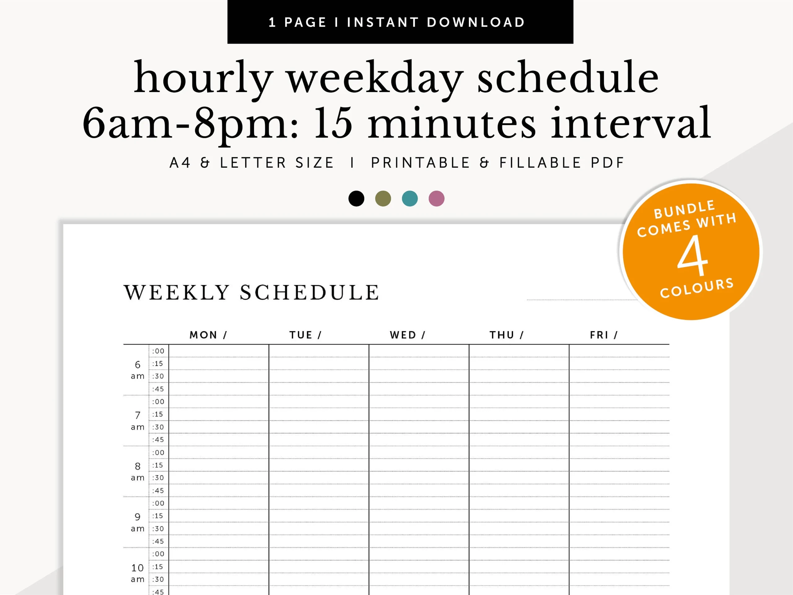 Hourly Weekday Schedule With 15 Minutes Interval Meeting Tracker Appointments Fillable Printable Weekly Planner Inserts A4 letter Etsy