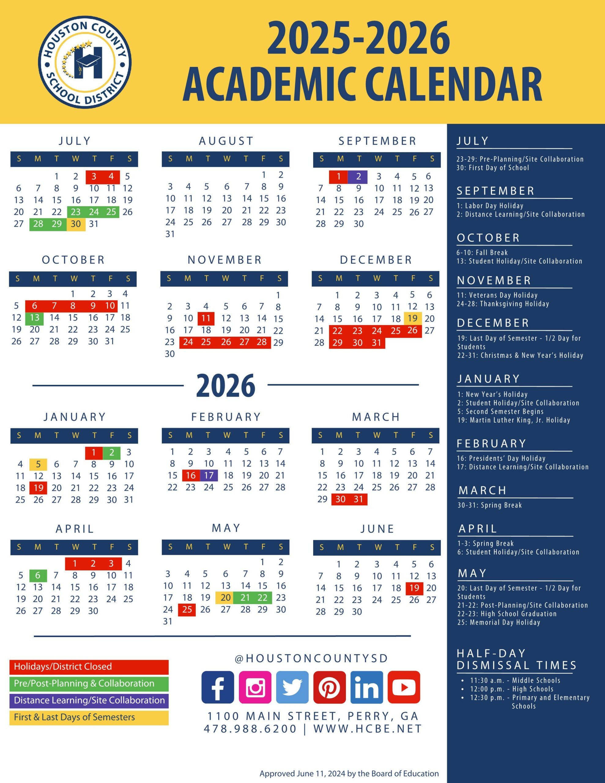 Houston County School Schedule Printable 2026