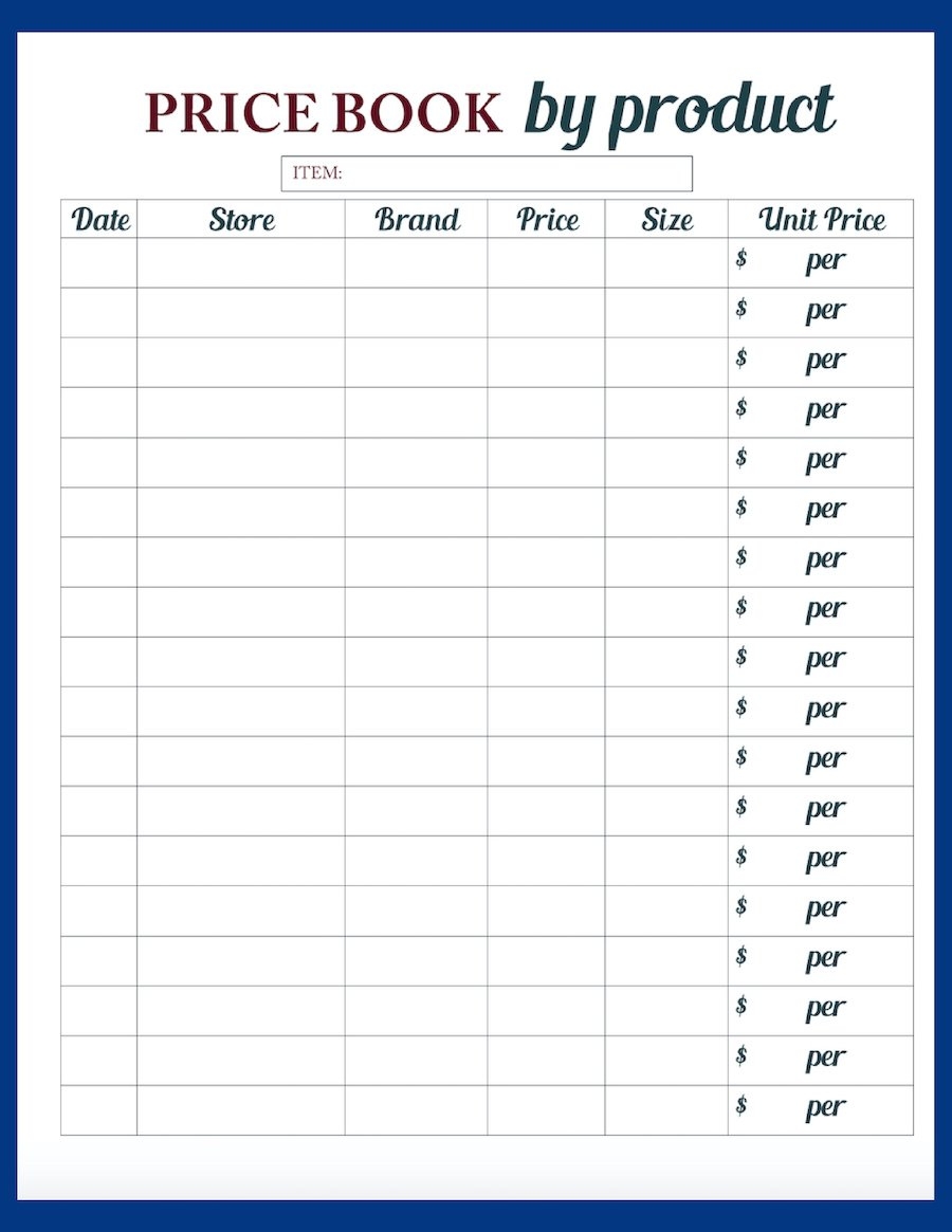 Printable Price Book Sheet