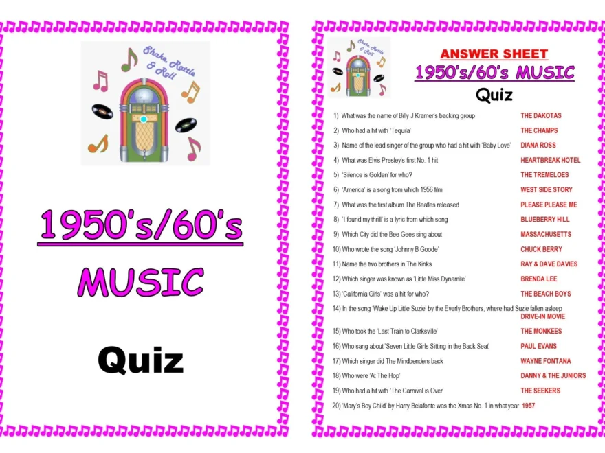 Instant Download Printable PDF 1950 s 60 s MUSIC Trivia Quiz Game Table Fun Players Sheets 3 Tiebreakers Winners Certificate Etsy