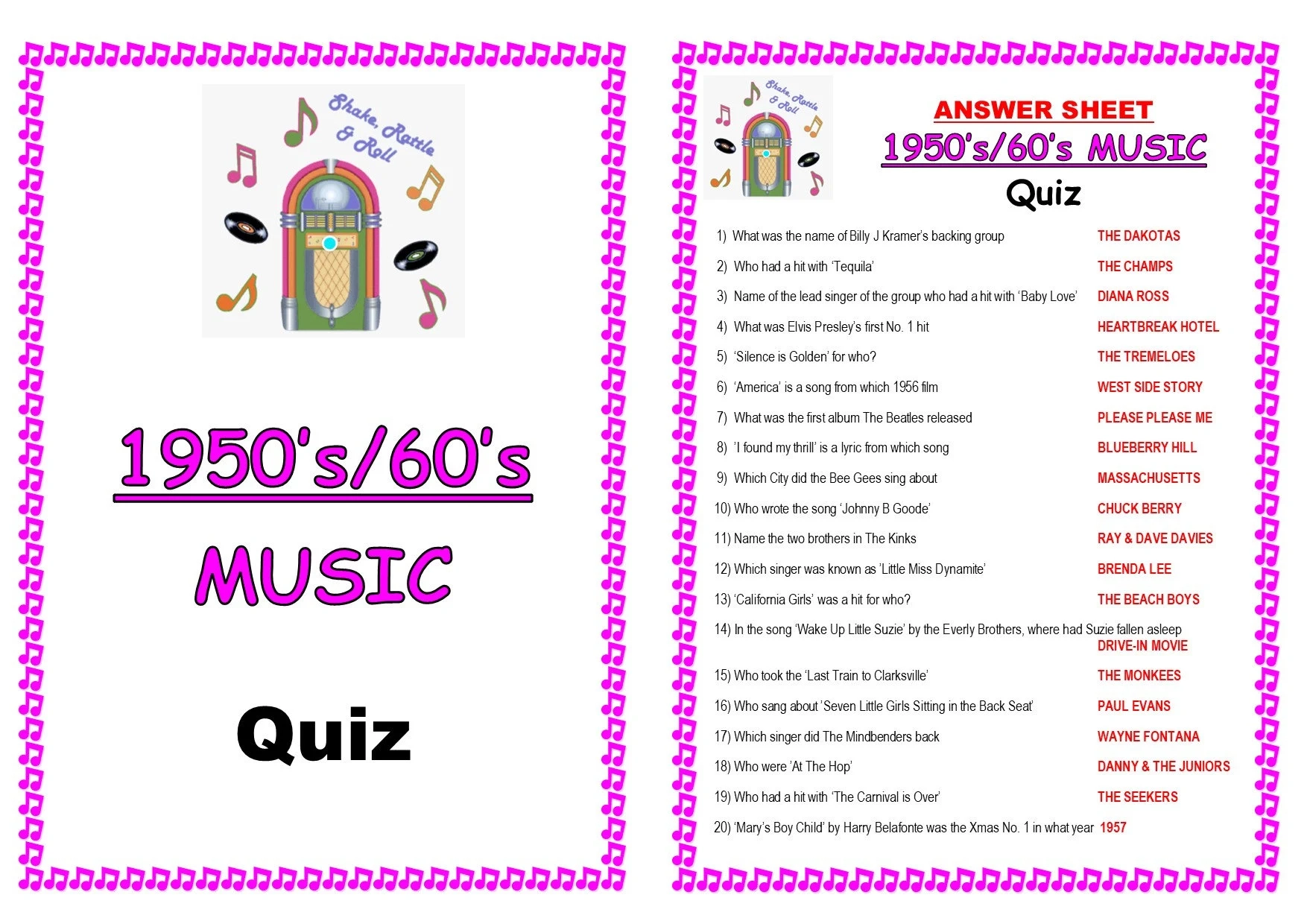 Instant Download Printable PDF 1950 s 60 s MUSIC Trivia Quiz Game Table Fun Players Sheets 3 Tiebreakers Winners Certificate Etsy