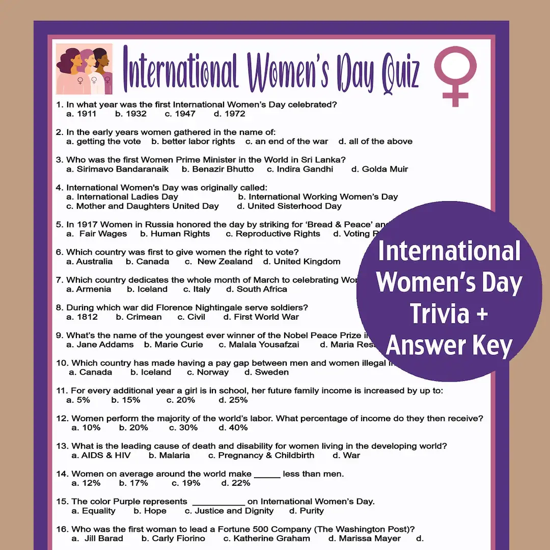 International Women s Day Trivia Women s History Month Trivia Game Women s Day Quiz March 8th Activity Women s Activity Printable Etsy