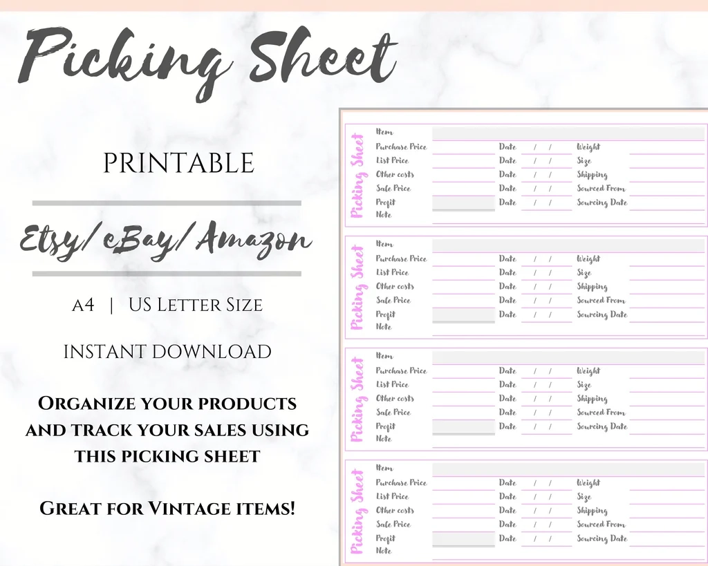 Inventory Picking Sheet For Poshmark EBay Etsy Amazon Sellers