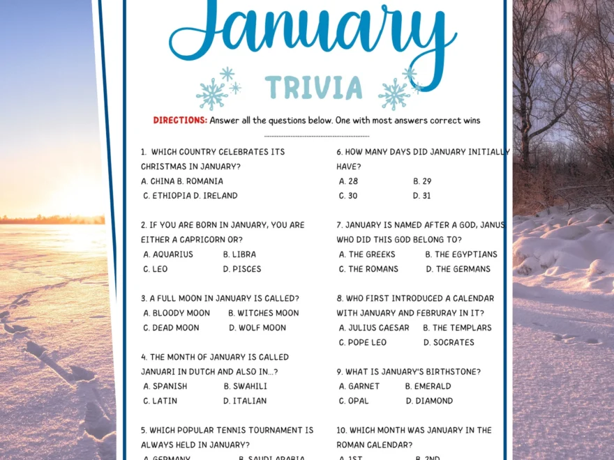 January Trivia Game Trivia Games For Kids And Adults Printable January Trivia For Family Winter Games Party Games Etsy