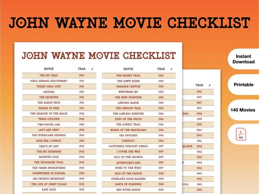 John Wayne Movie Checklist PDF Printable Etsy UK