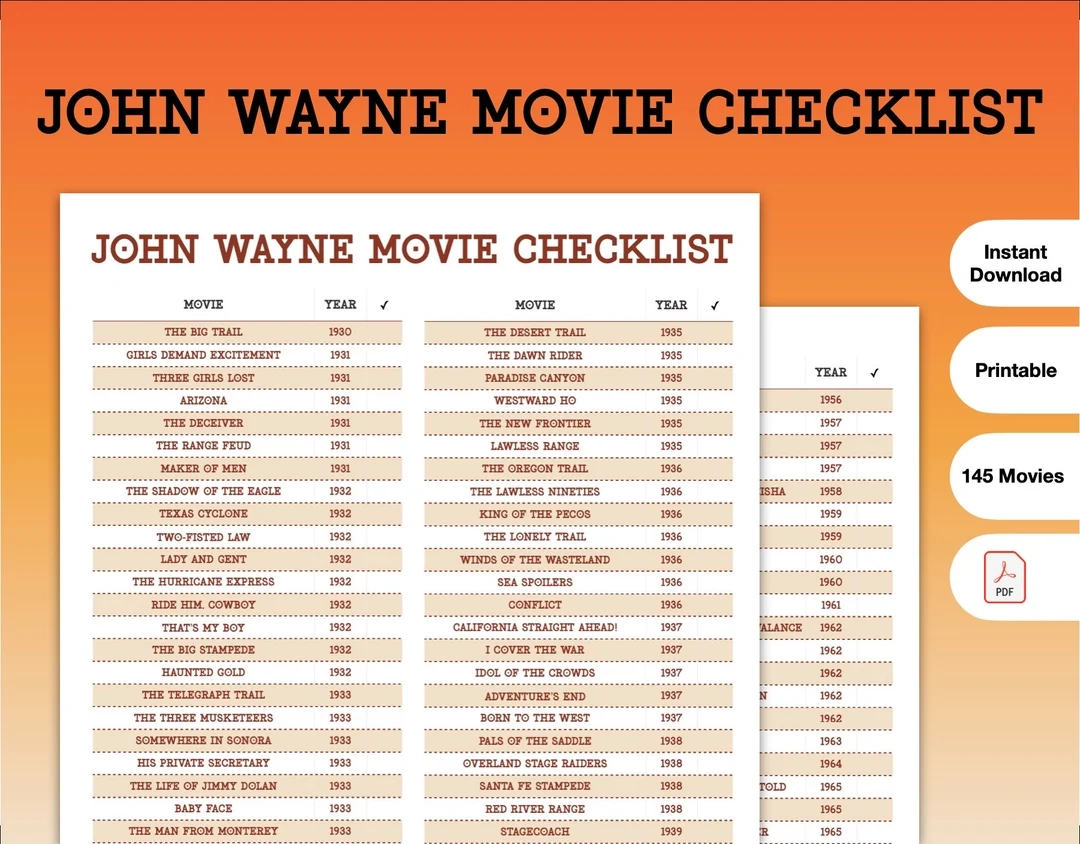 John Wayne Movie Checklist PDF Printable Etsy UK John Wayne Movie Checklist PDF Printable Etsy UK