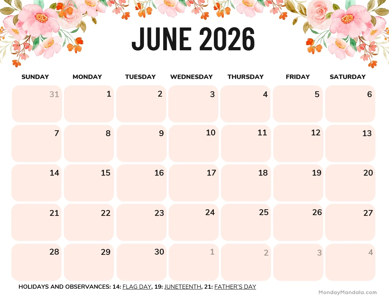 June 2026 List Calander Printable