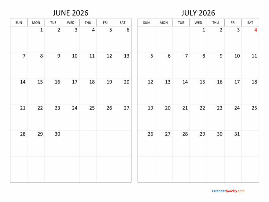 June And July 2026 Calendar Calendar Quickly