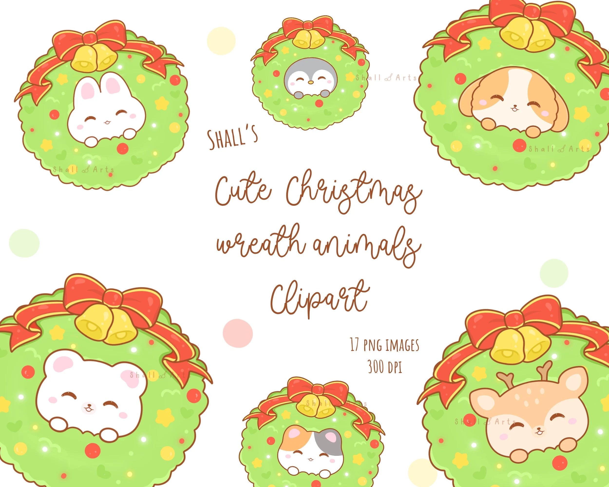 Kawaii Christmas Wreath Animals Clipart Christmas Animals PNG Christmas Clipart Planner Stickers Christmas Bells Labels Commercial Use Etsy