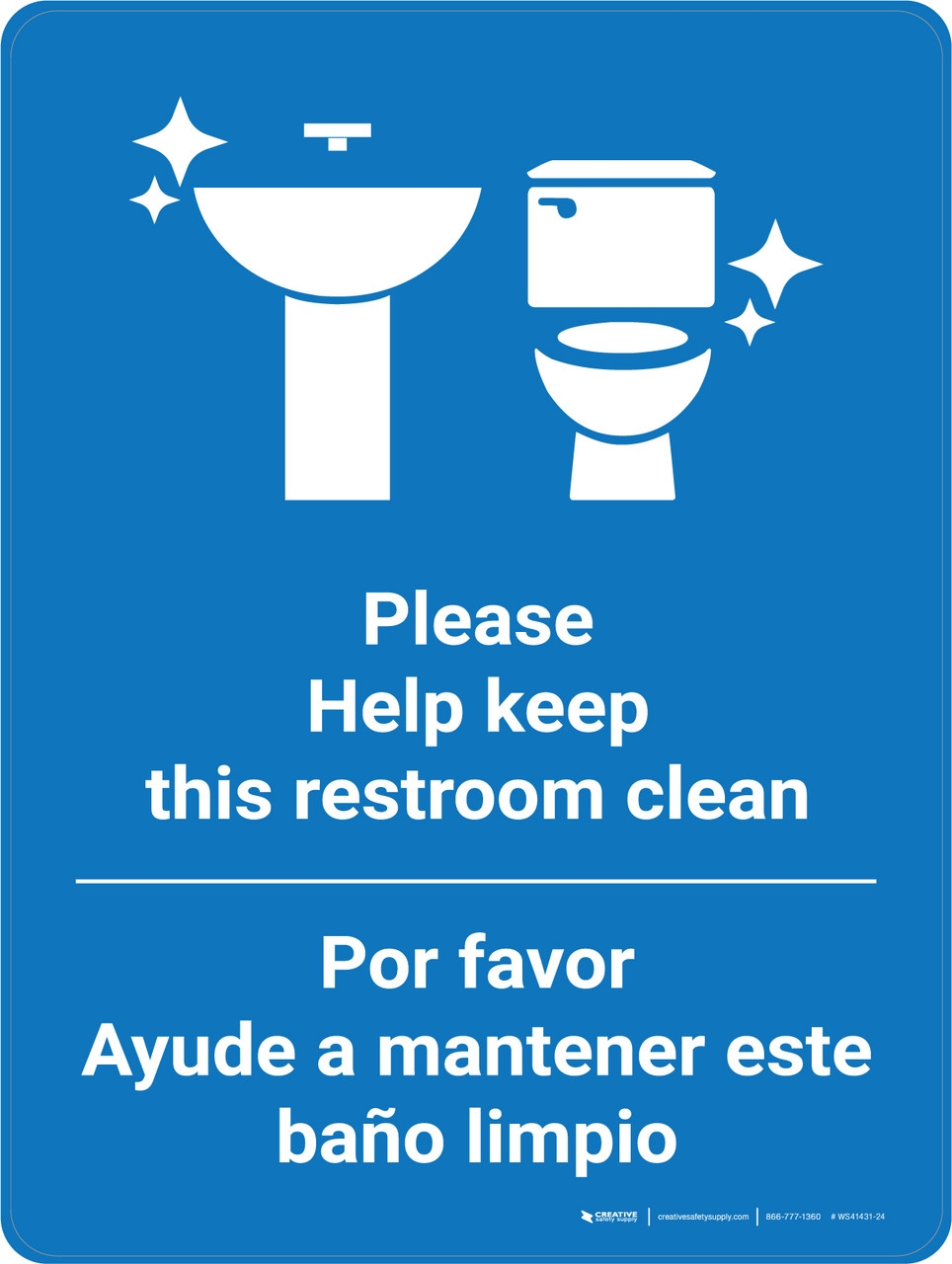 Keep Restroom Clean Bilingual Spanish With Icon Blue Wall Sign