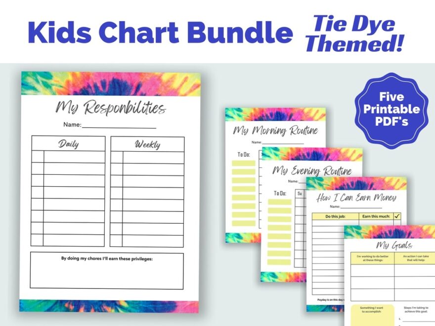 Kids Chart Bundle Tie Dye Themed Printable Checklists Including Chore Charts Daily Routine And Goal Setting Worksheet Etsy