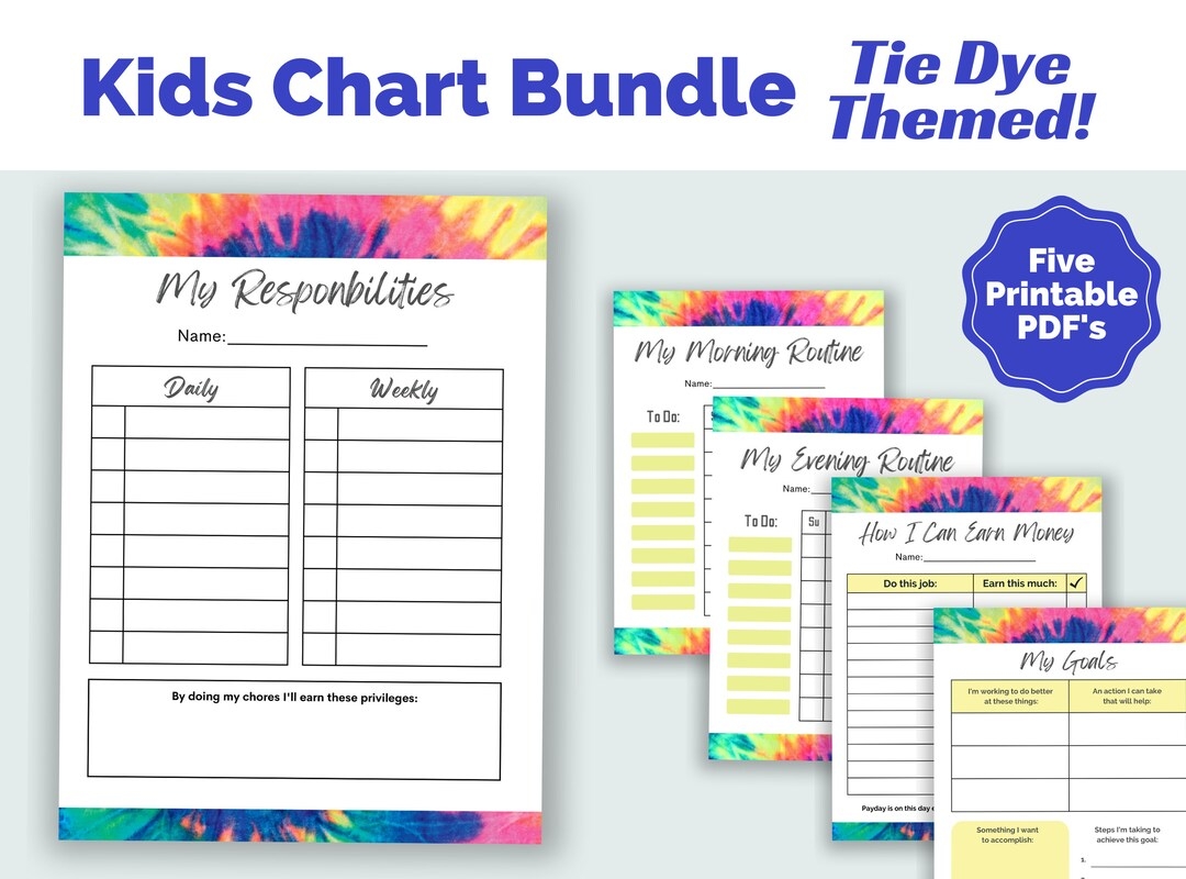 Kids Chart Bundle Tie Dye Themed Printable Checklists Including Chore Charts Daily Routine And Goal Setting Worksheet Etsy