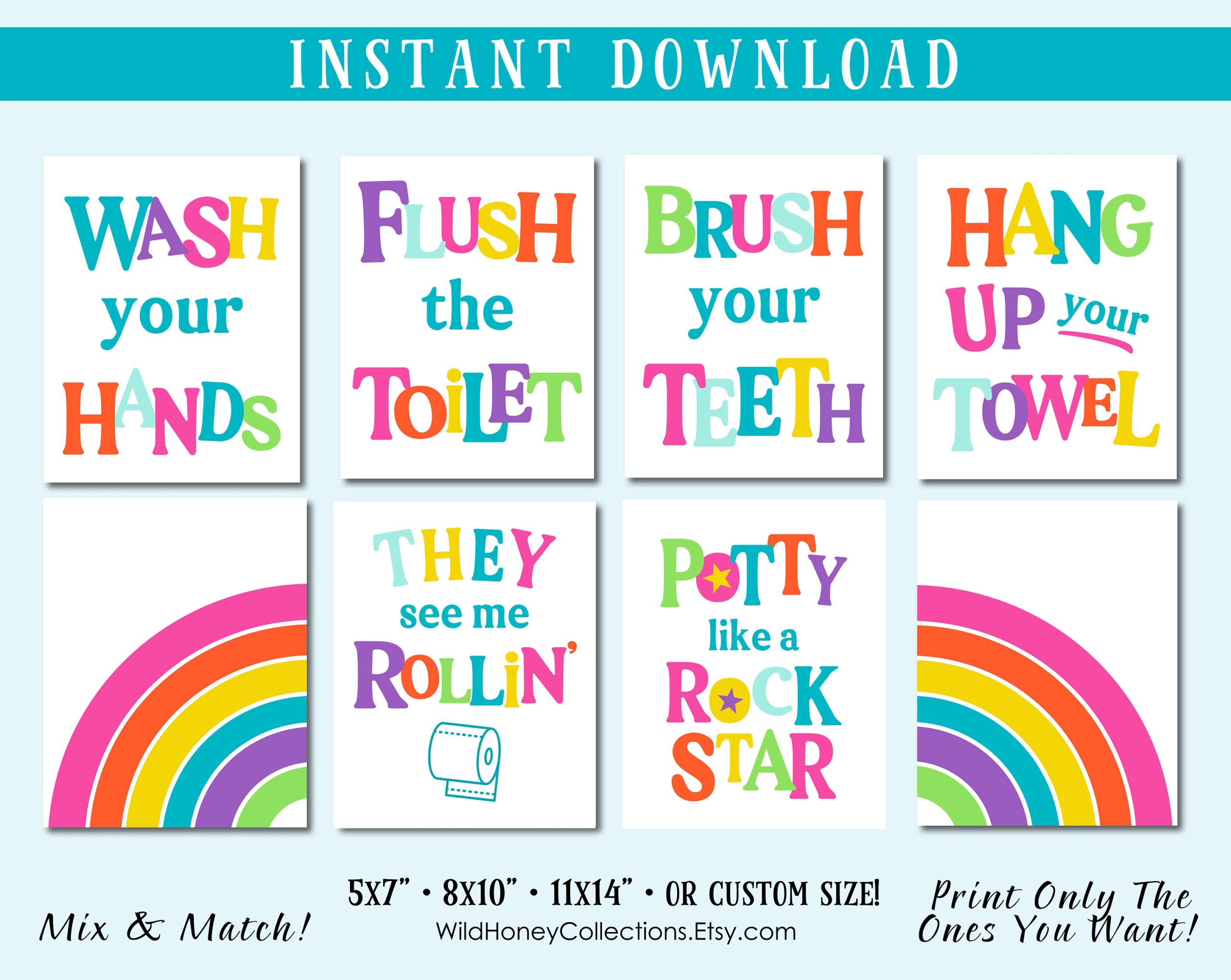 Kids Rainbow Bathroom Decor Printable Wall Art Bright Colors Set Of 8 Funny Bathroom Signs INSTANT DIGITAL DOWNLOAD Etsy Israel