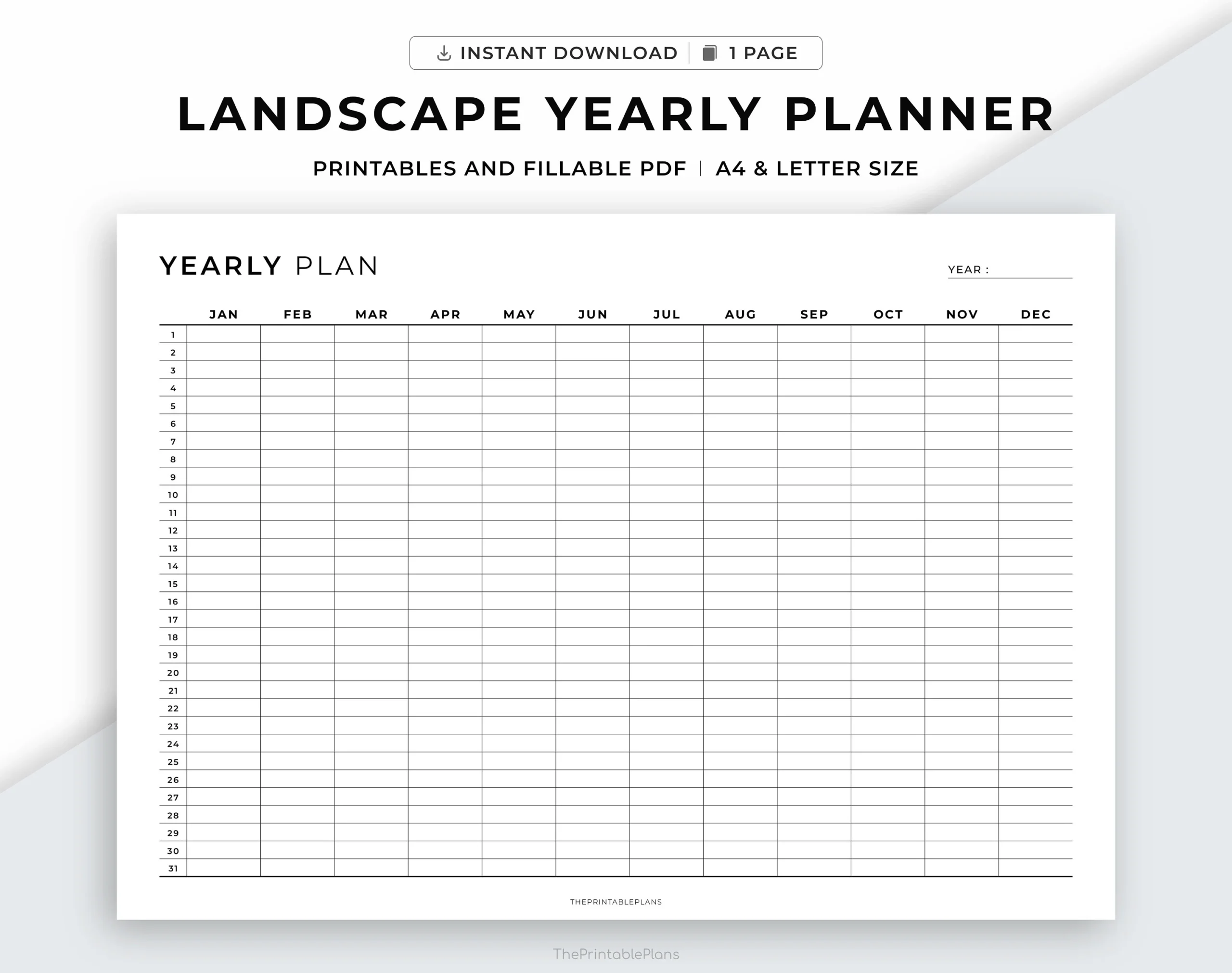Landscape Printable Yearly Planner Year At A Glance Yearly Schedule Calendar Template A4 letter Printable Fillable Instant Download Etsy