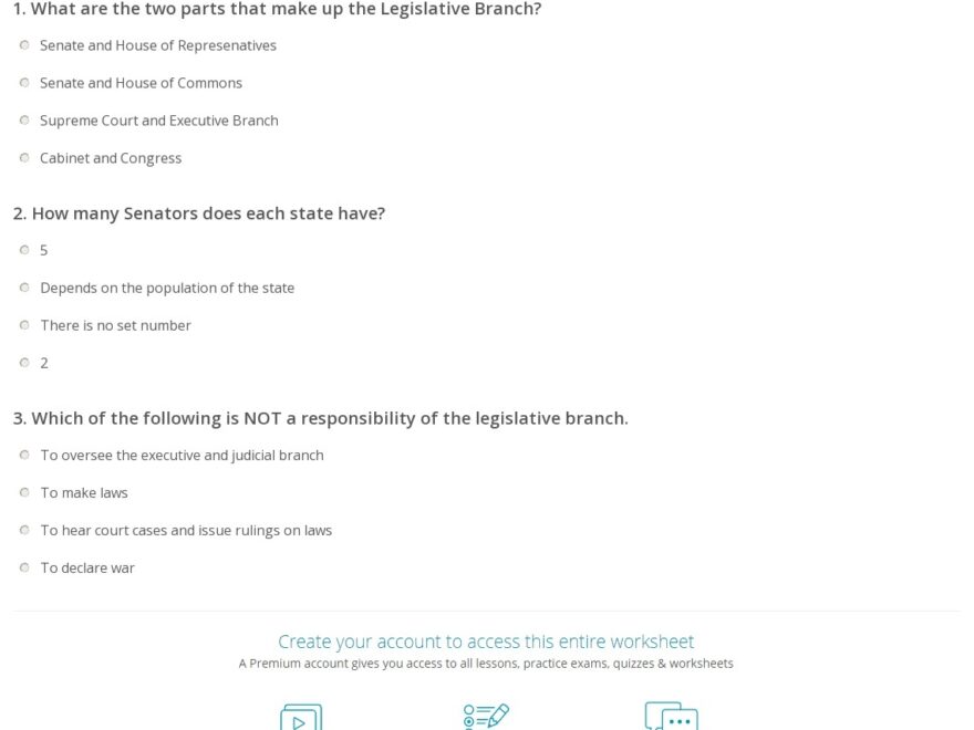 Legislative Branch Quiz Worksheet For Kids Study