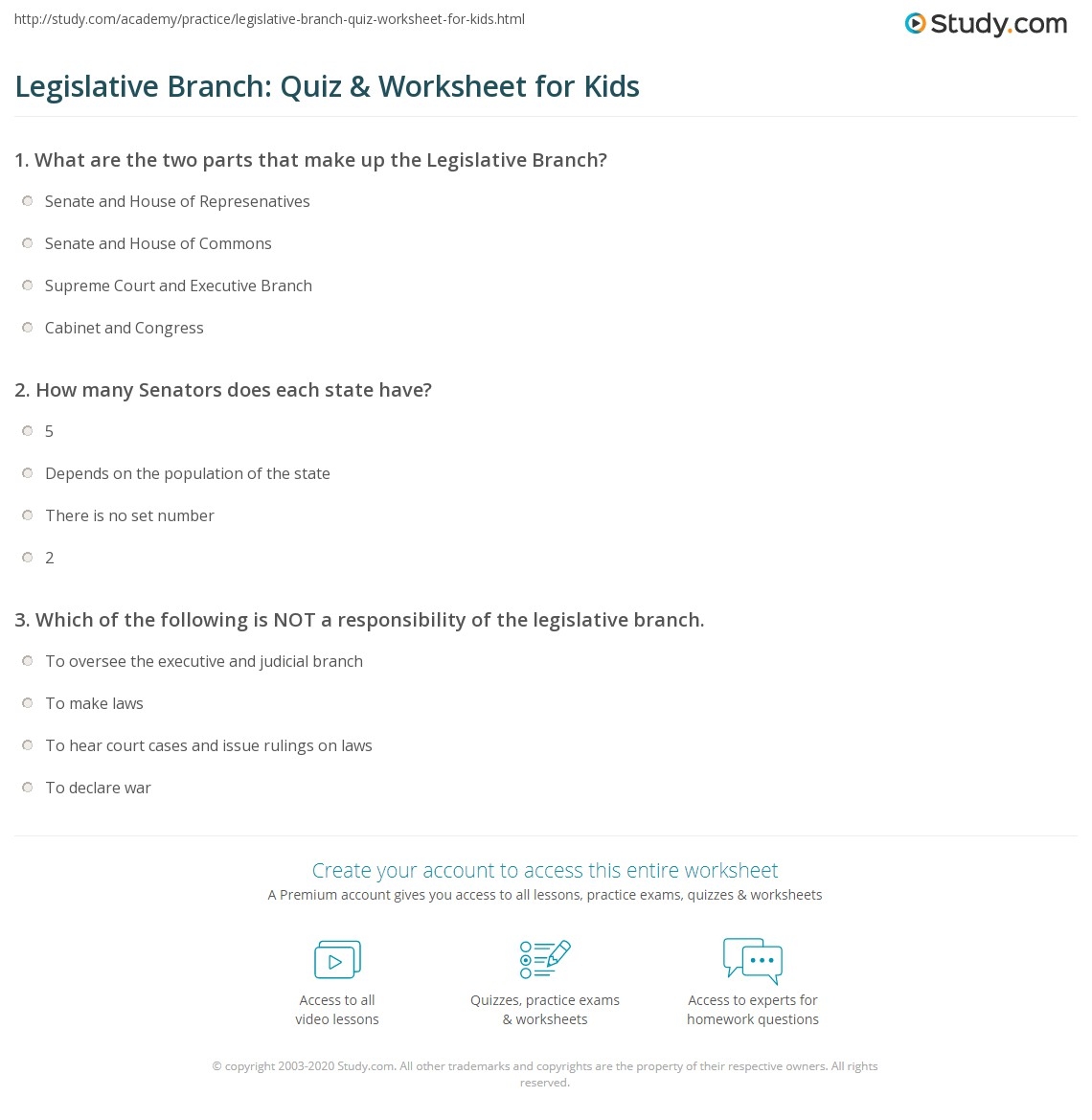 Legislative Branch Quiz Worksheet For Kids Study