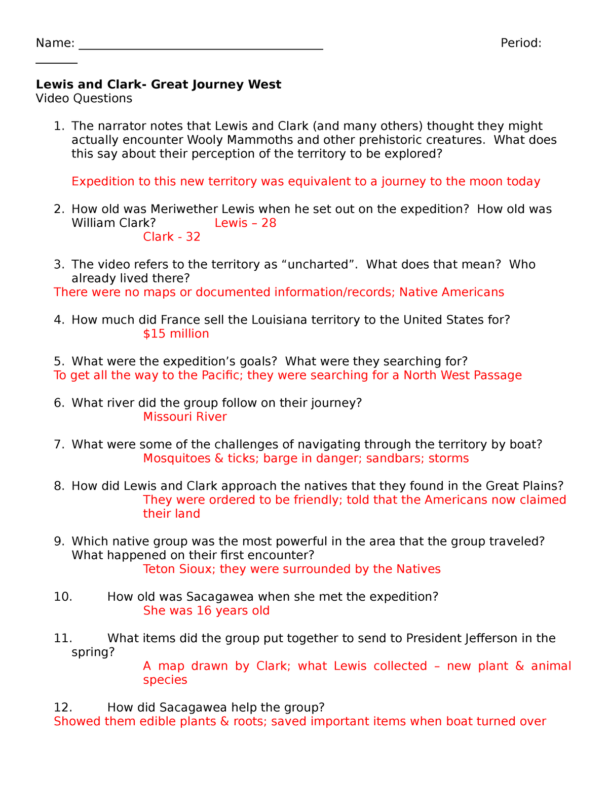 Lewis And Clark Quiz Printable Lewis And Clark Quiz Printable