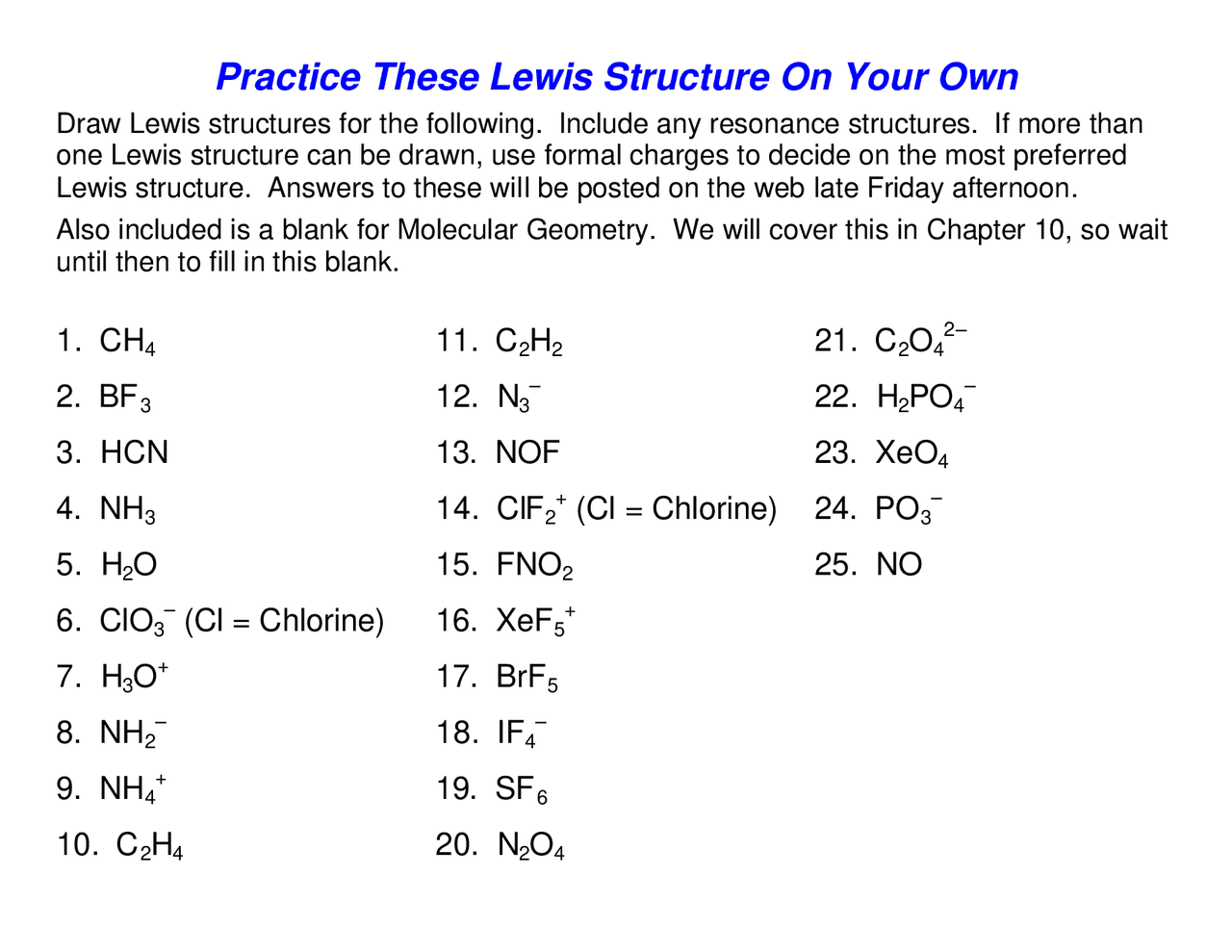 Lewis Structure Worksheet Lecture Notes Geometry Docsity Worksheets Library