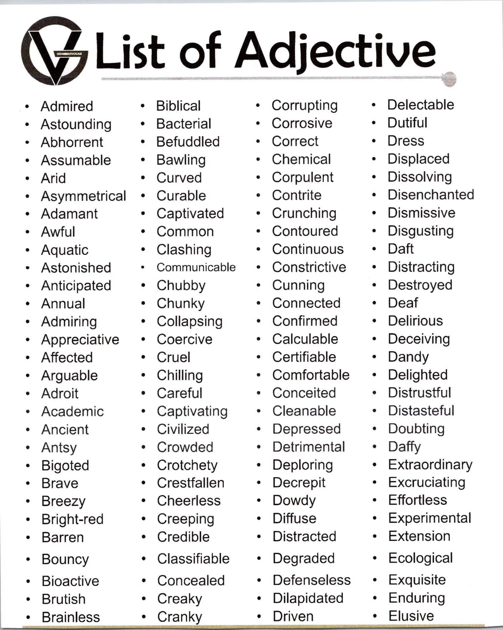 Printable List Of Adjectives