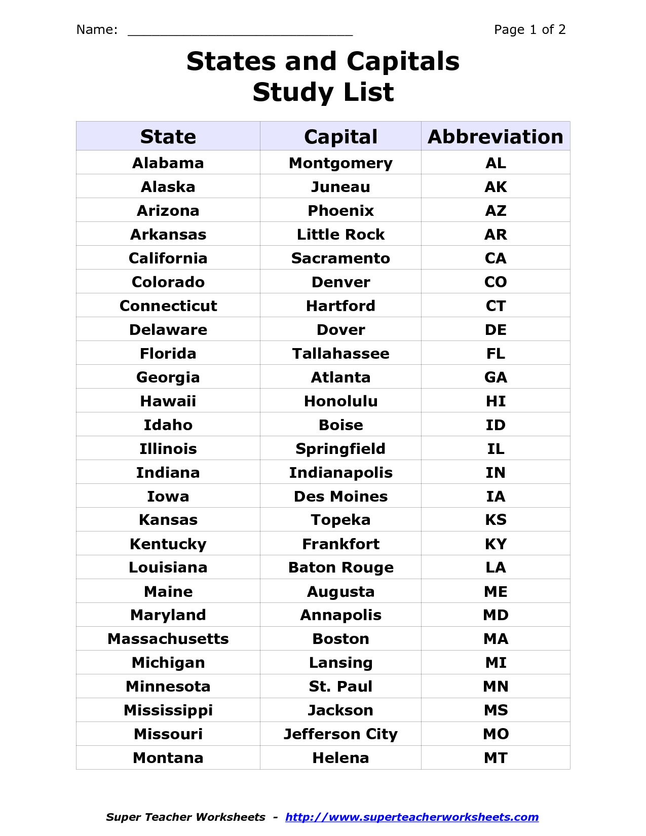 List Of The 50 States List Of States Printable Alphabetical List Worksheets Library