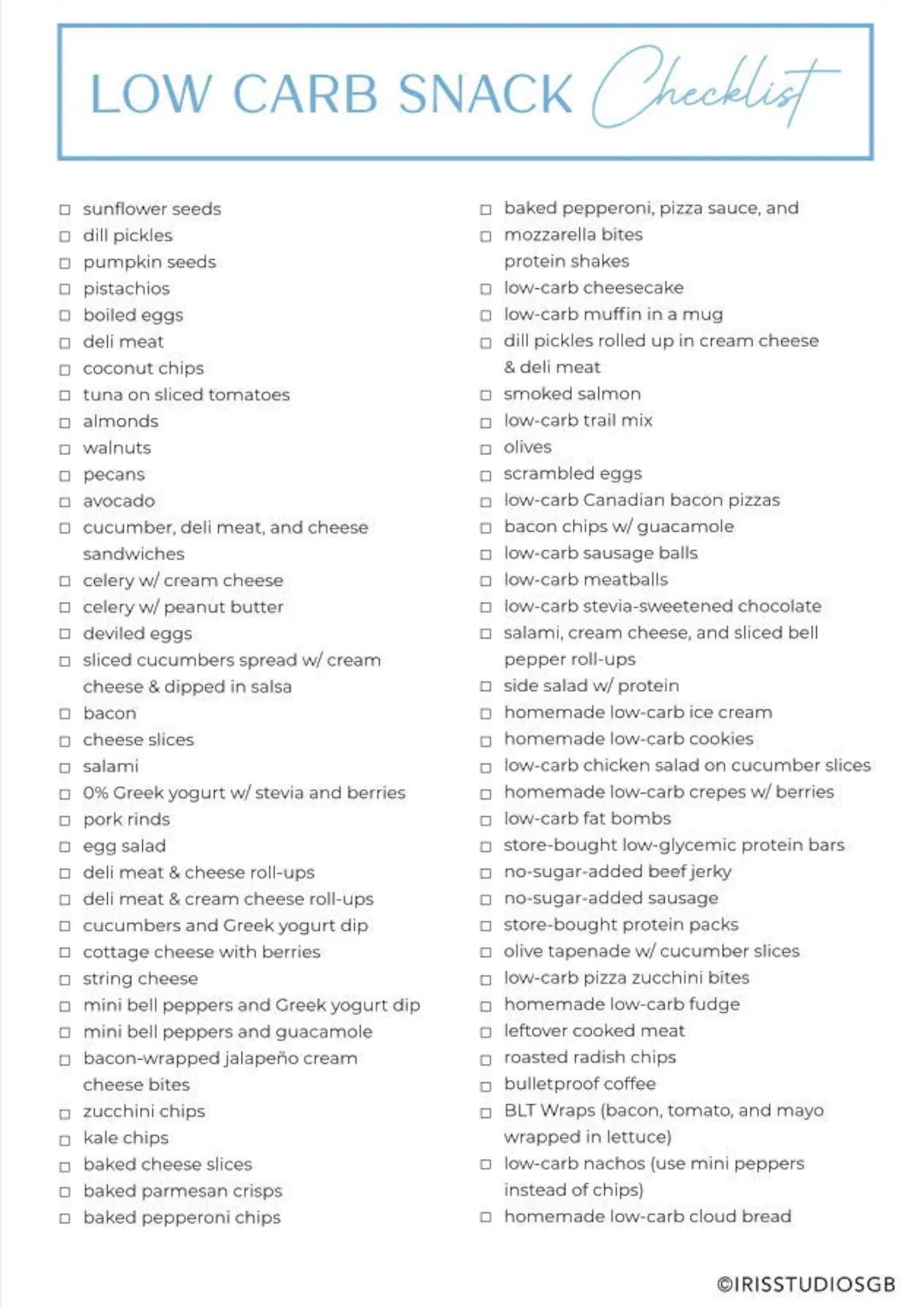 Printable Lowcarb Snack List