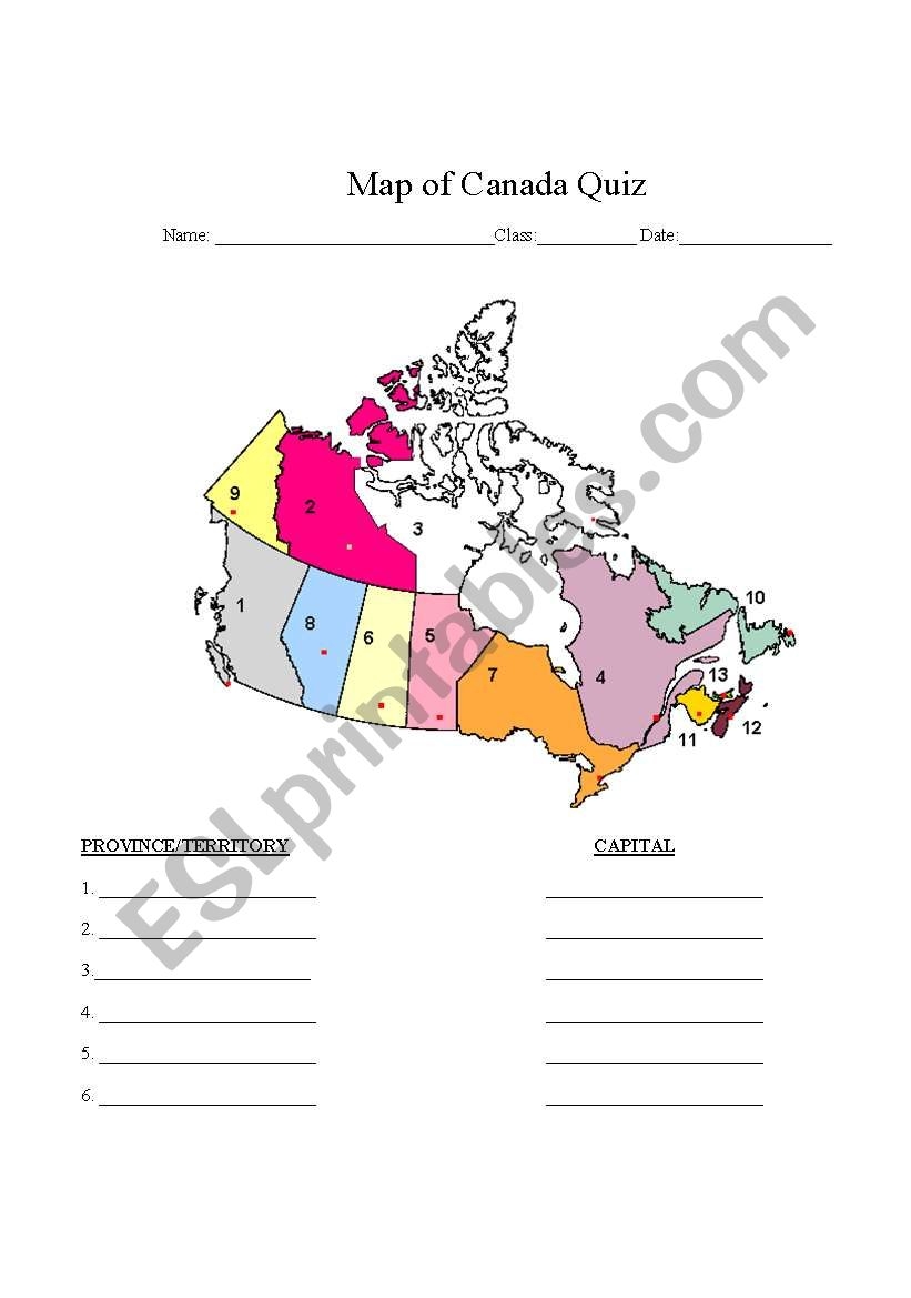 Printable Canadian Provinces Quiz