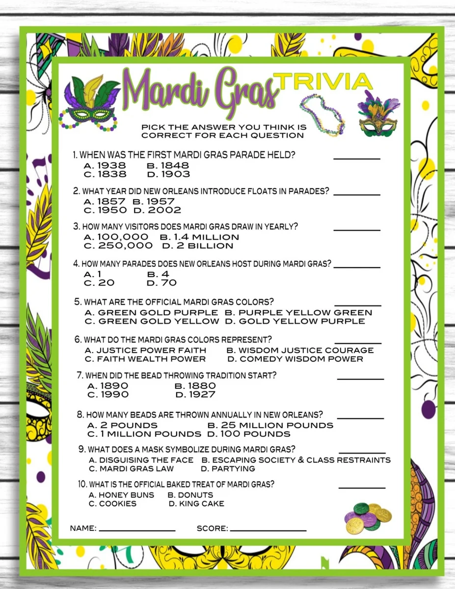 Mardi Gras Trivia Quiz Printable