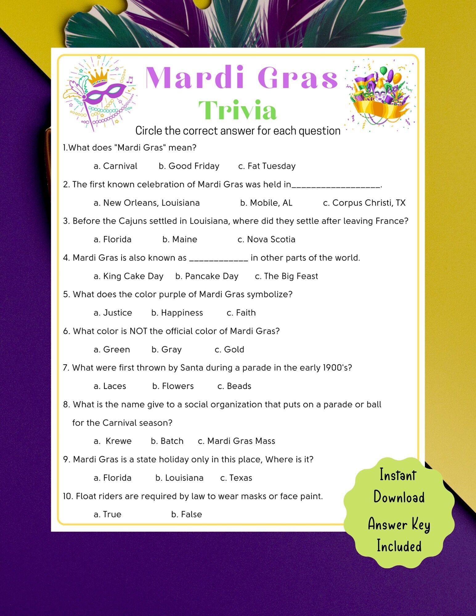 Mardi Gras Trivia Game Printable Party Activity digital Download Etsy Israel