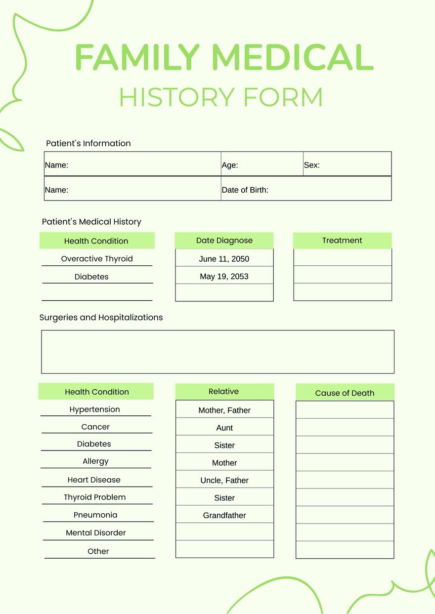 Printable Medical History Chart Printable Medical History Chart