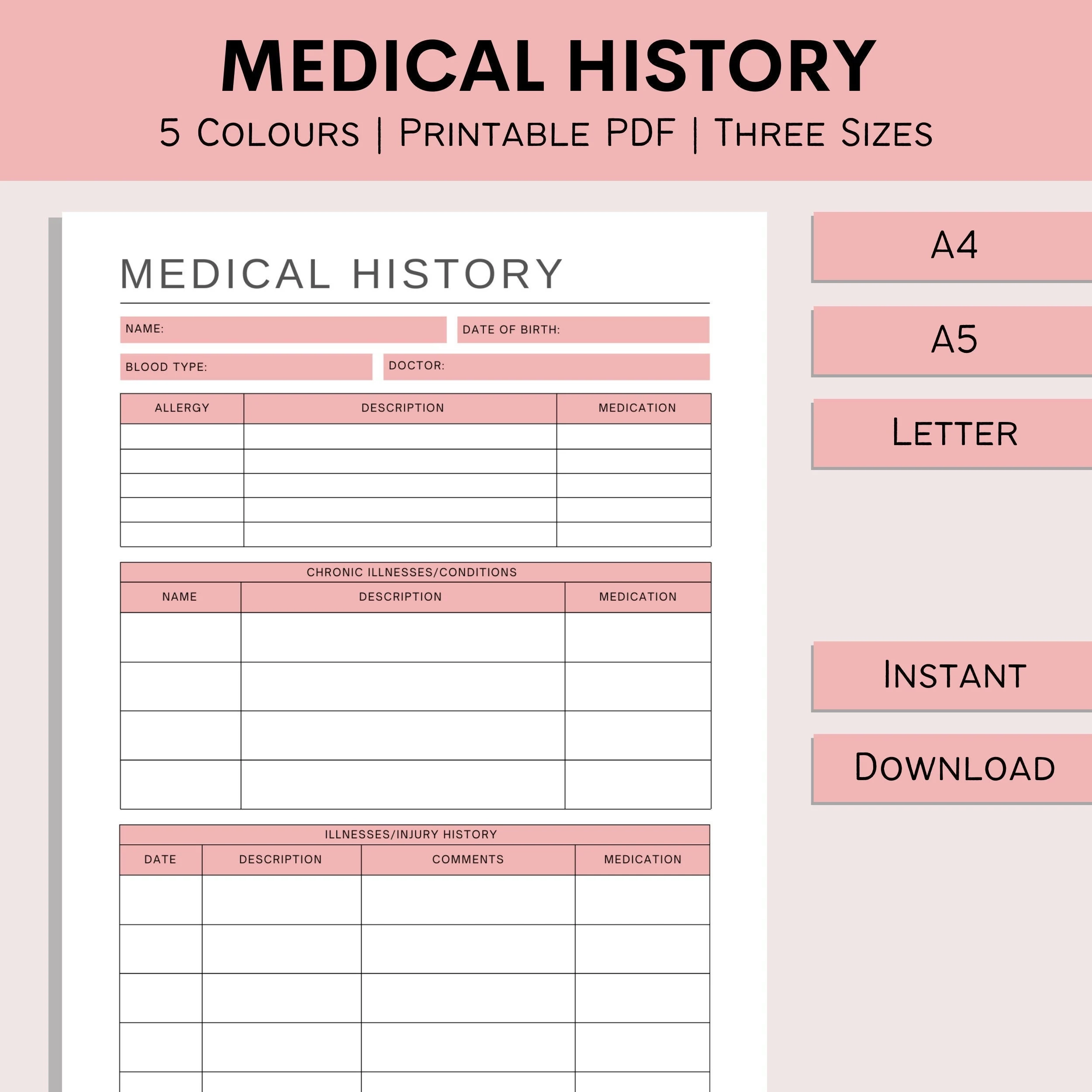 Medical History Form Printable Medical Binder Family Health Chart Personal Fitness Tracker Health Planner PDF A4 A5 Letter Etsy