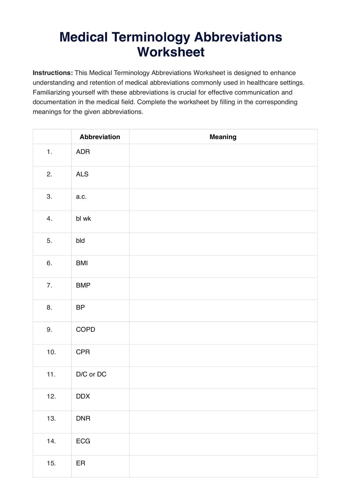 Medical Abbreviation Quiz Printable