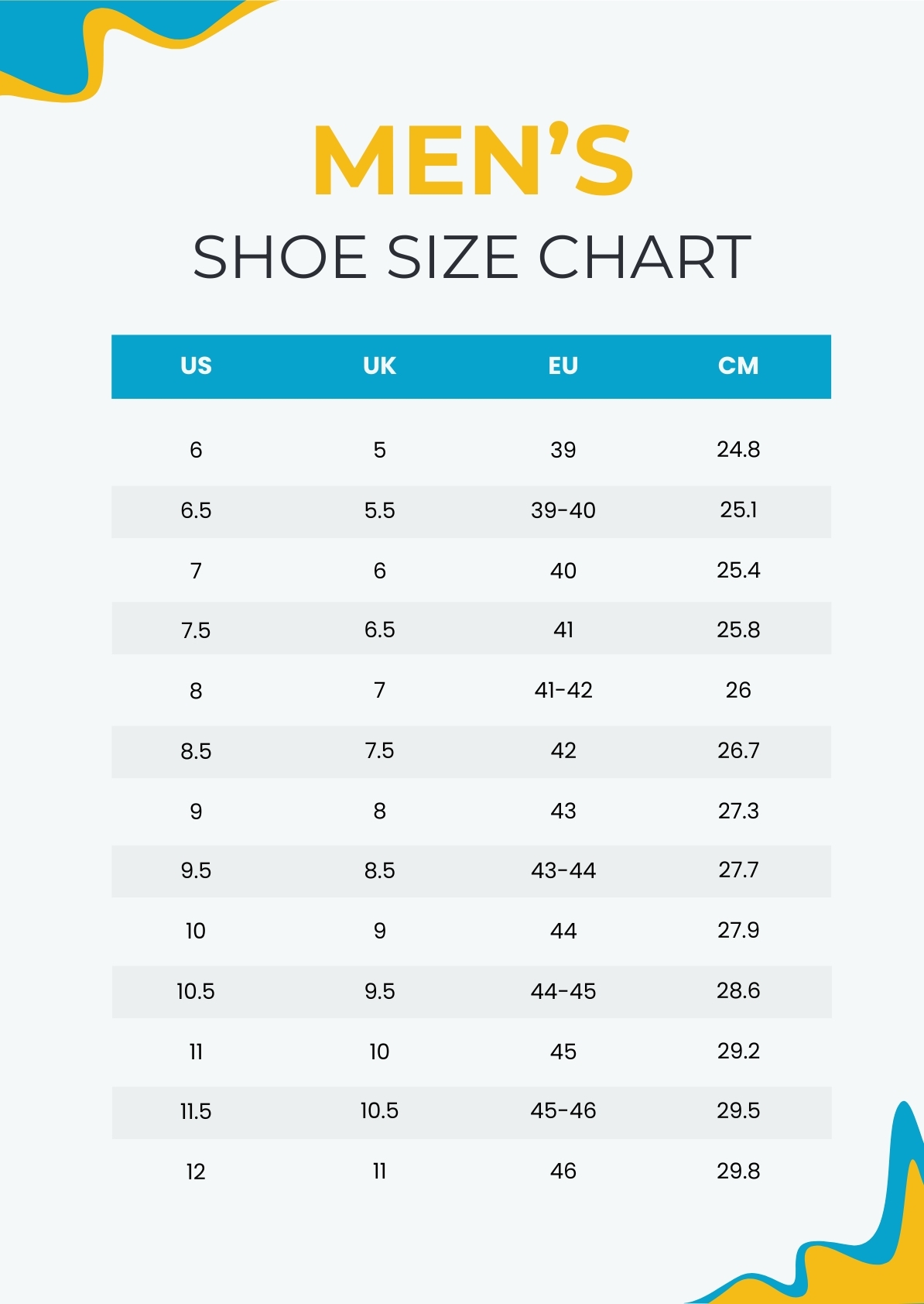 Printable Shoe Chart For Men Printable Shoe Chart For Men