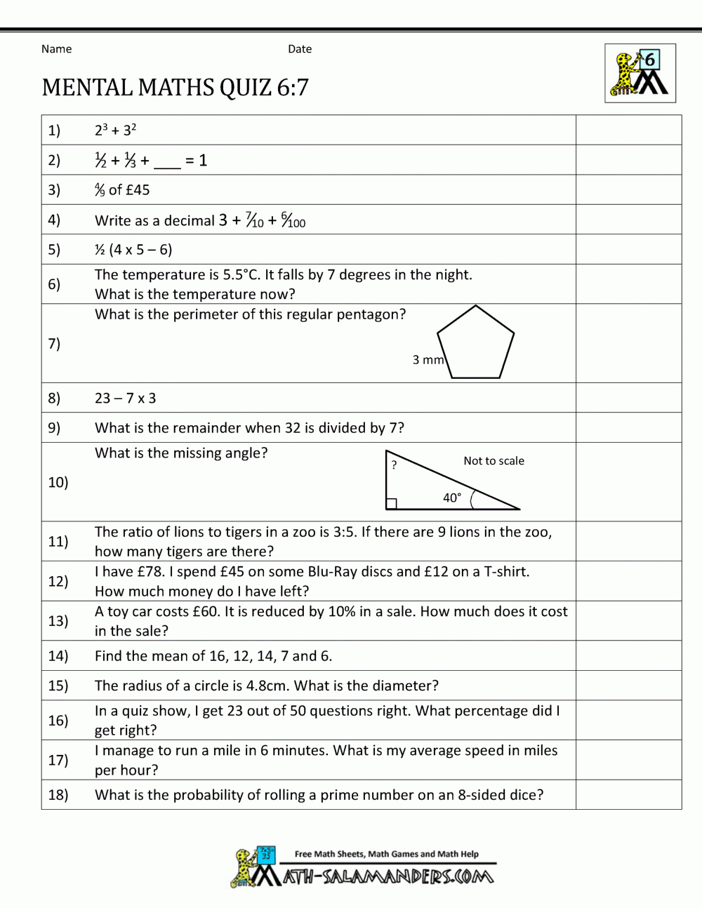 Printable Math Quiz For Grade 6