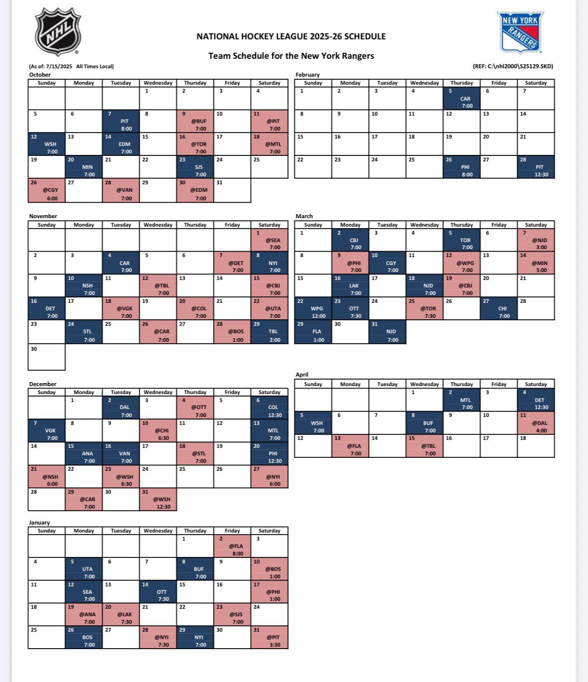 Mercogliano Here s A Look At The Full NYR Schedule For 2025 26 R rangers